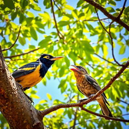 A serene scene by a tree, where a Myna bird, known for its glossy plumage and striking yellow eye patch, is interacting with another bird