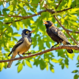 A serene scene by a tree, where a Myna bird, known for its glossy plumage and striking yellow eye patch, is interacting with another bird