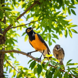 A serene scene by a tree, where a Myna bird, known for its glossy plumage and striking yellow eye patch, is interacting with another bird