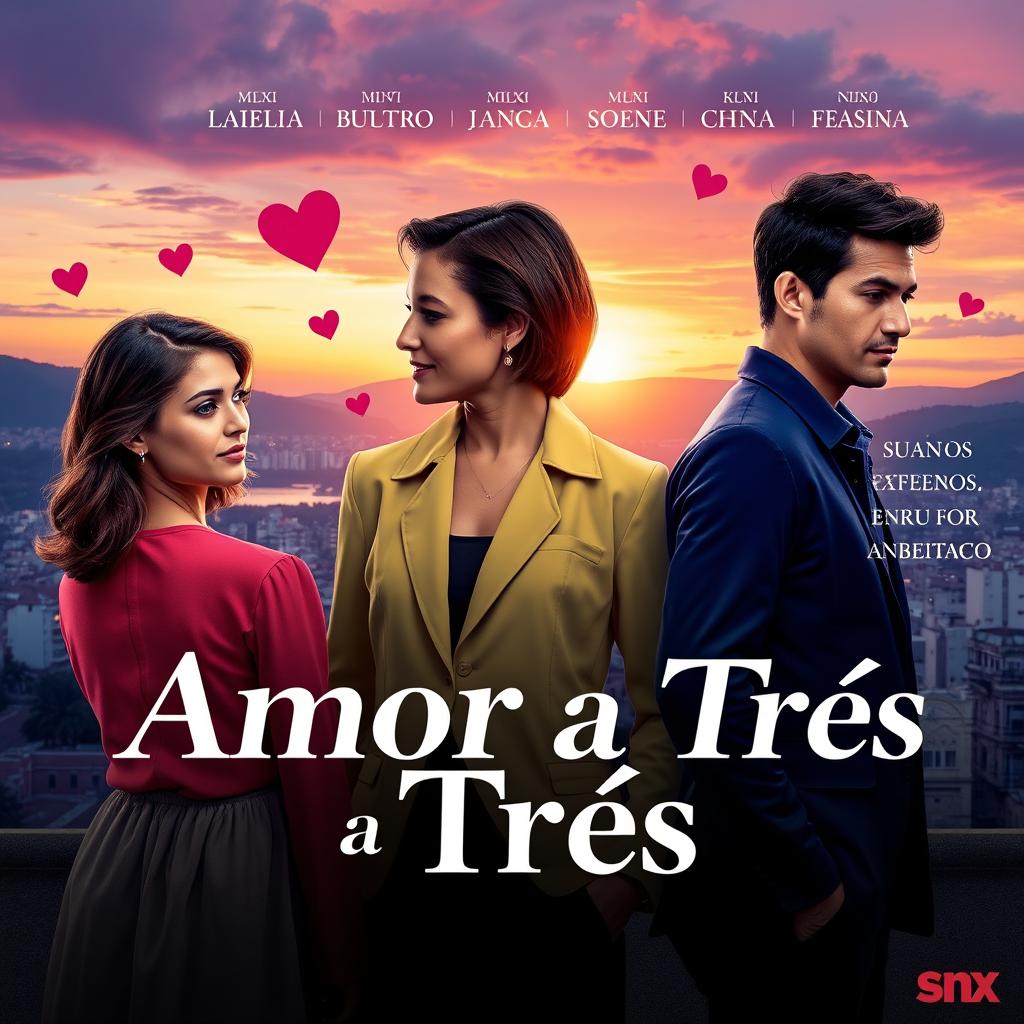 Poster for the film "Amor a Três," featuring a romantic triangle theme with three characters depicted in a vibrant array of colors