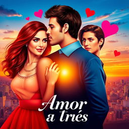 Poster for the film "Amor a Três," featuring a romantic triangle theme with three characters depicted in a vibrant array of colors