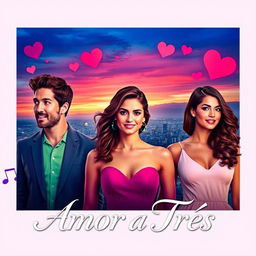 Poster for the film "Amor a Três," featuring a romantic triangle theme with three characters depicted in a vibrant array of colors