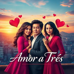 Poster for the film "Amor a Três," featuring a romantic triangle theme with three characters depicted in a vibrant array of colors