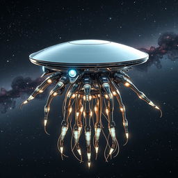 A futuristic flying robotic jellyfish-like creature with a flat, disk-shaped head