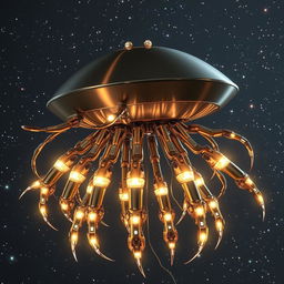 A futuristic flying robotic jellyfish-like creature with a flat, disk-shaped head