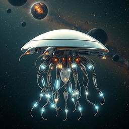 A futuristic flying robotic jellyfish-like creature with a flat, disk-shaped head