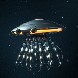 A futuristic flying robotic jellyfish-like creature with a flat, disk-shaped head