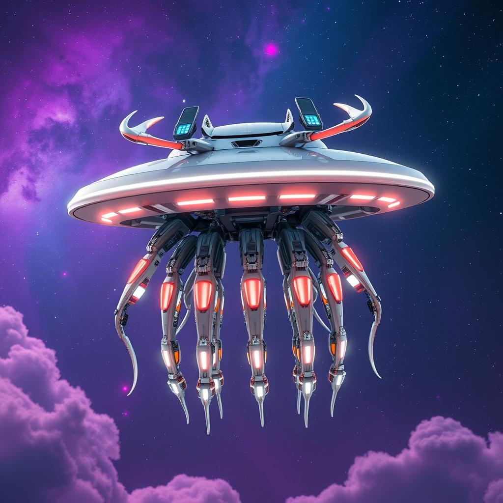 A futuristic flying robotic jellyfish-like creature with a flat, disk-shaped head