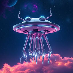 A futuristic flying robotic jellyfish-like creature with a flat, disk-shaped head