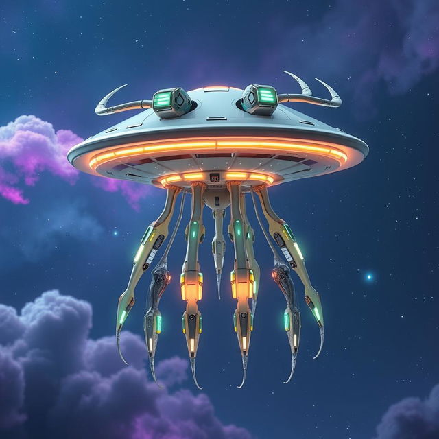 A futuristic flying robotic jellyfish-like creature with a flat, disk-shaped head