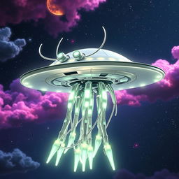 A futuristic flying robotic jellyfish-like creature with a flat, disk-shaped head