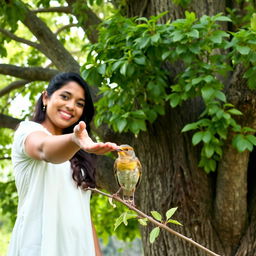 Myna, with a warm smile, extends her hand invitingly towards a cheerful golden beak sparrow