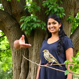 Myna, with a warm smile, extends her hand invitingly towards a cheerful golden beak sparrow