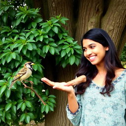 Myna, with a warm smile, extends her hand invitingly towards a cheerful golden beak sparrow