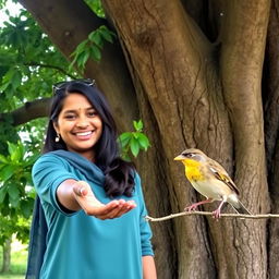 Myna, with a warm smile, extends her hand invitingly towards a cheerful golden beak sparrow