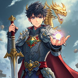 A young male character, appearing to be a late teen, wearing intricately designed dragon-themed armor that exudes power and majesty