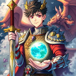 A young male character, appearing to be a late teen, wearing intricately designed dragon-themed armor that exudes power and majesty