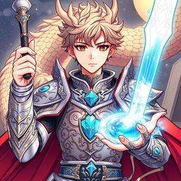 A young male character, appearing to be a late teen, wearing intricately designed dragon-themed armor that exudes power and majesty