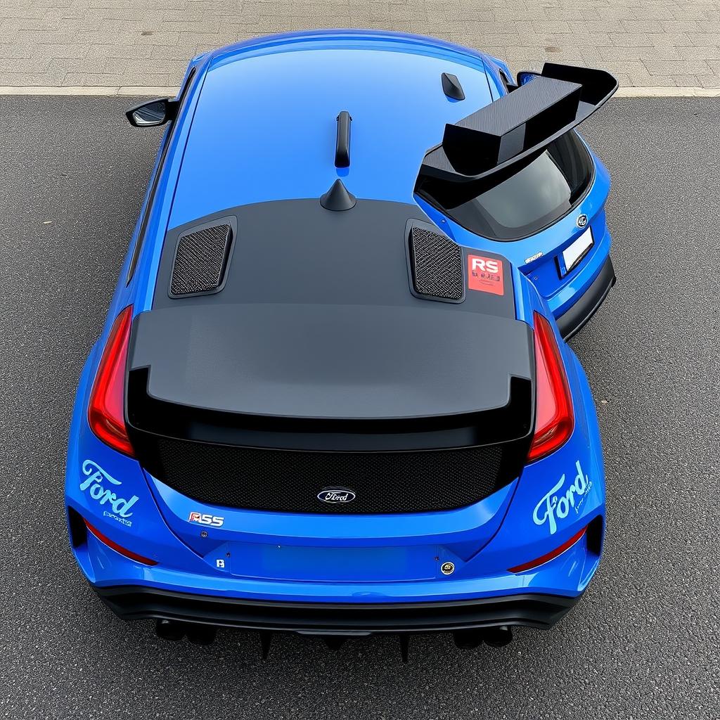 a cutting-edge AWD hatchback coupe influenced by the 2024 Ford Focus ST, featuring a unique configuration with two standard doors and two rear suicide doors for an avant-garde look