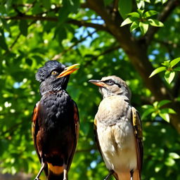 A myna bird and another bird stand side by side by a lush green tree