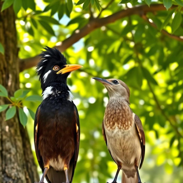 A myna bird and another bird stand side by side by a lush green tree