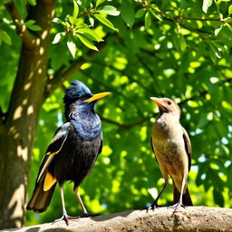 A myna bird and another bird stand side by side by a lush green tree