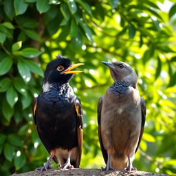 A myna bird and another bird stand side by side by a lush green tree