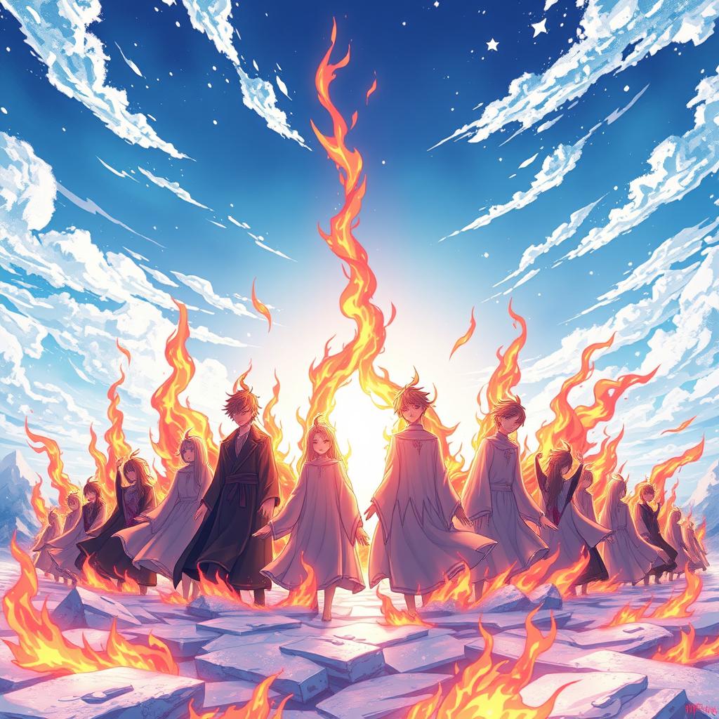A high-definition, detailed anime-style illustration showcasing individuals emerging from their rebirth in Nirvana, set against a cold, crisp sky