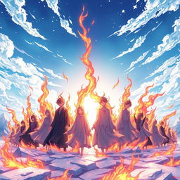 A high-definition, detailed anime-style illustration showcasing individuals emerging from their rebirth in Nirvana, set against a cold, crisp sky