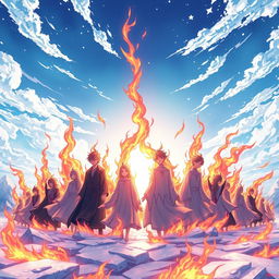 A high-definition, detailed anime-style illustration showcasing individuals emerging from their rebirth in Nirvana, set against a cold, crisp sky