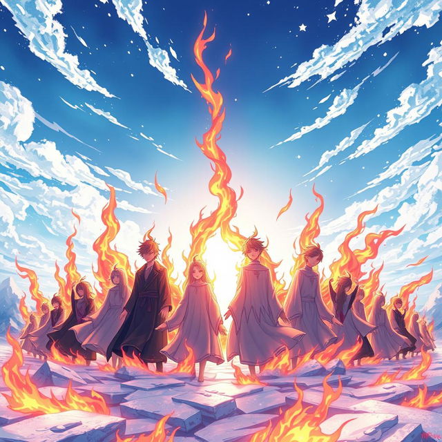 A high-definition, detailed anime-style illustration showcasing individuals emerging from their rebirth in Nirvana, set against a cold, crisp sky