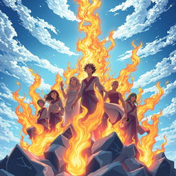 A high-definition, detailed anime-style illustration showcasing individuals emerging from their rebirth in Nirvana, set against a cold, crisp sky