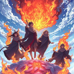 A high-definition, detailed anime-style illustration showcasing individuals emerging from their rebirth in Nirvana, set against a cold, crisp sky