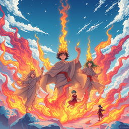 A high-definition, detailed anime-style illustration showcasing individuals emerging from their rebirth in Nirvana, set against a cold, crisp sky