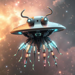 A futuristic flying robotic jellyfish-like creature featuring a flat, disk-shaped head