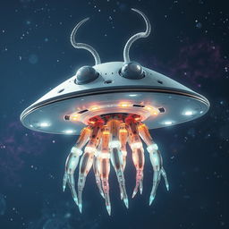 A futuristic flying robotic jellyfish-like creature featuring a flat, disk-shaped head