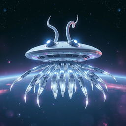 A futuristic flying robotic jellyfish-like creature featuring a flat, disk-shaped head