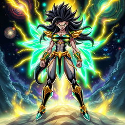 Echalott in her "Celestial Fury" transformation stands tall and powerful, her muscular and athletic female Saiyan warrior physique radiating energy