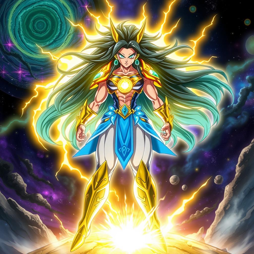 Echalott in her "Celestial Fury" transformation stands tall and powerful, her muscular and athletic female Saiyan warrior physique radiating energy