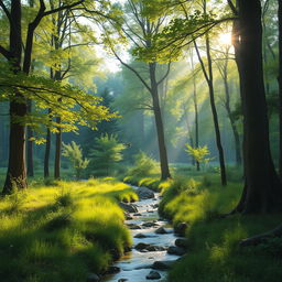 A serene landscape with a sunlit forest, showcasing the beauty of nature with lush greenery, tall trees, and a gentle stream flowing through the scene