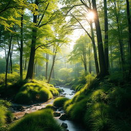 A serene landscape with a sunlit forest, showcasing the beauty of nature with lush greenery, tall trees, and a gentle stream flowing through the scene