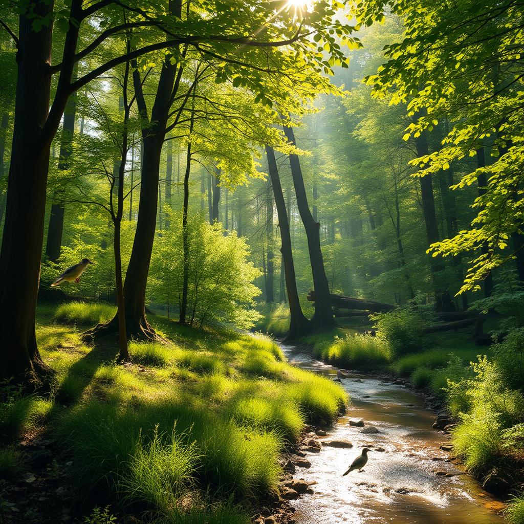 A serene landscape with a sunlit forest, showcasing the beauty of nature with lush greenery, tall trees, and a gentle stream flowing through the scene