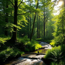 A serene landscape with a sunlit forest, showcasing the beauty of nature with lush greenery, tall trees, and a gentle stream flowing through the scene