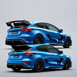 an advanced AWD hatchback coupe inspired by the 2024 Ford Focus ST, featuring two front doors and two rear suicide doors without visible door handles for a sleek, seamless look