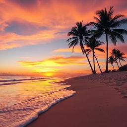 A beautiful and tranquil beach scene at sunset, with gentle waves lapping at the shore and a soft golden light illuminating the sand