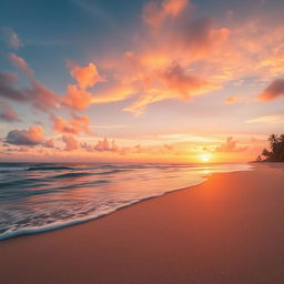 A beautiful and tranquil beach scene at sunset, with gentle waves lapping at the shore and a soft golden light illuminating the sand