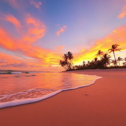 A beautiful and tranquil beach scene at sunset, with gentle waves lapping at the shore and a soft golden light illuminating the sand