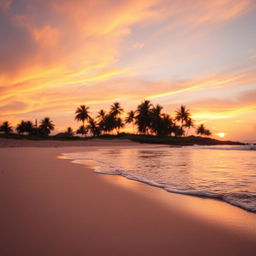 A beautiful and tranquil beach scene at sunset, with gentle waves lapping at the shore and a soft golden light illuminating the sand