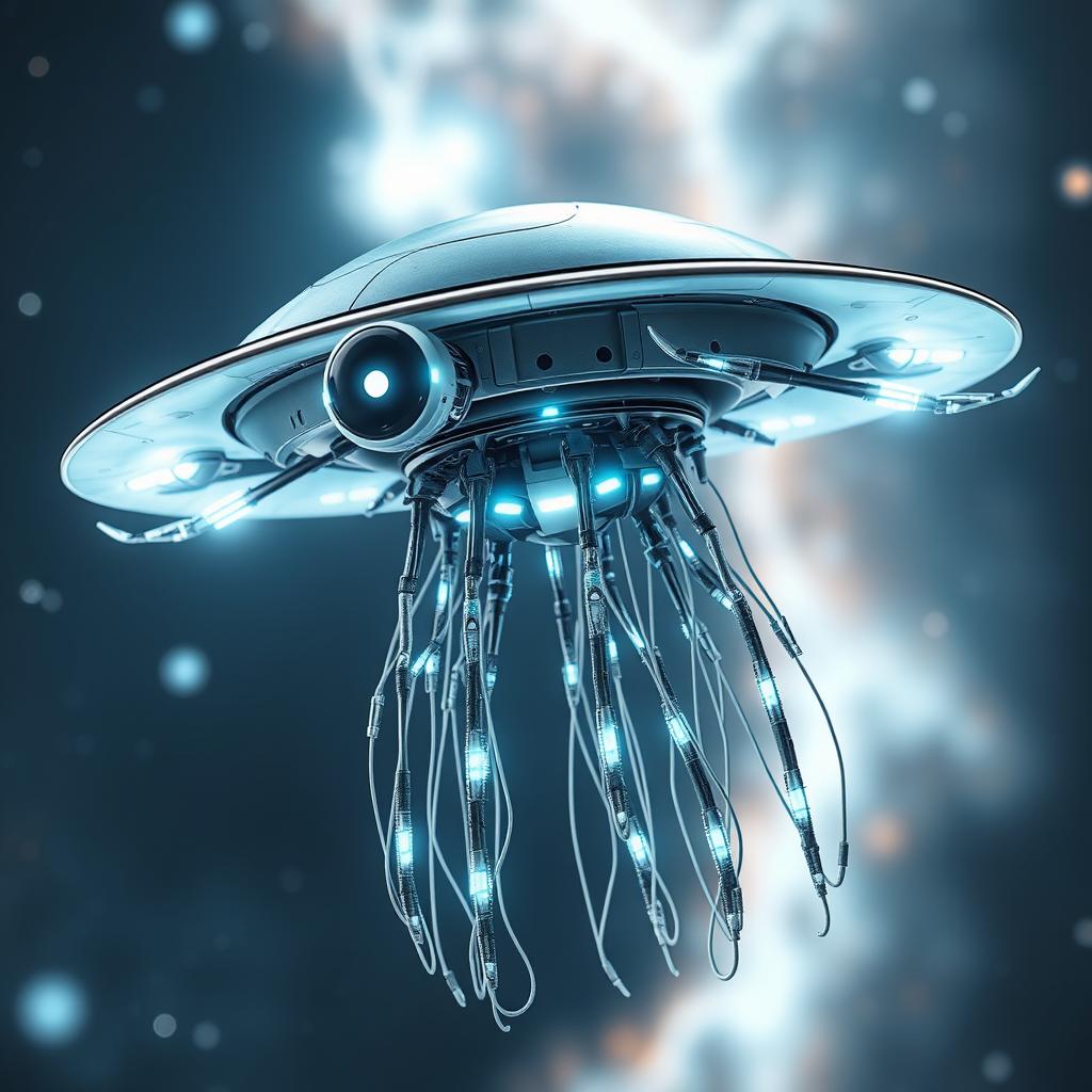 A futuristic flying robotic jellyfish-like creature, featuring a flat disk-shaped head with eyes reminiscent of a Stalk-eyed fly