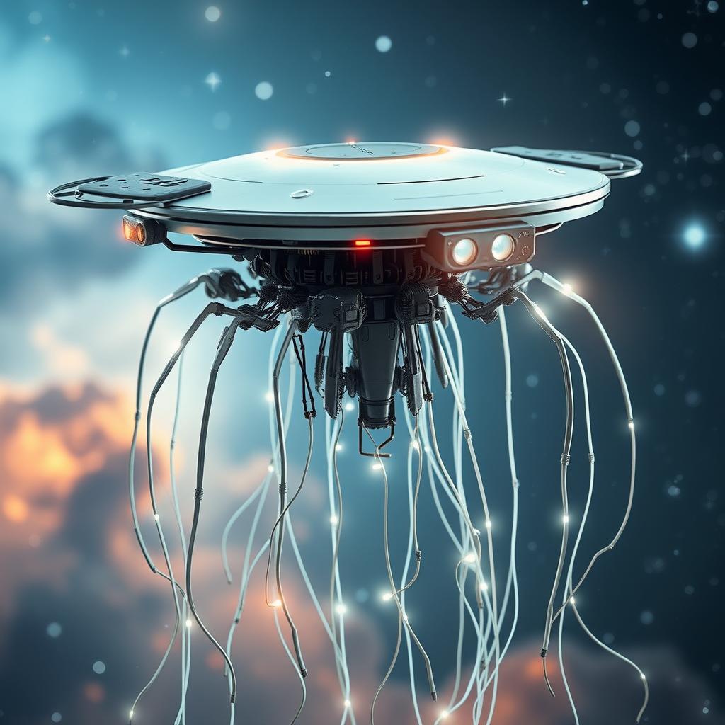 A futuristic flying robotic jellyfish-like creature, featuring a flat disk-shaped head with eyes reminiscent of a Stalk-eyed fly